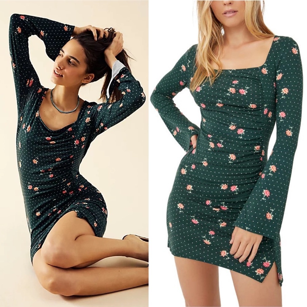 Free People Bohemian Celia Floral Square Neck Bell Sleeve Mini Dress Size Medium